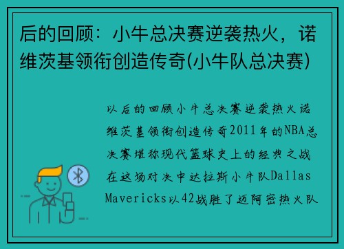 后的回顾：小牛总决赛逆袭热火，诺维茨基领衔创造传奇(小牛队总决赛)