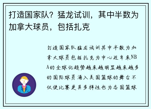 打造国家队？猛龙试训，其中半数为加拿大球员，包括扎克