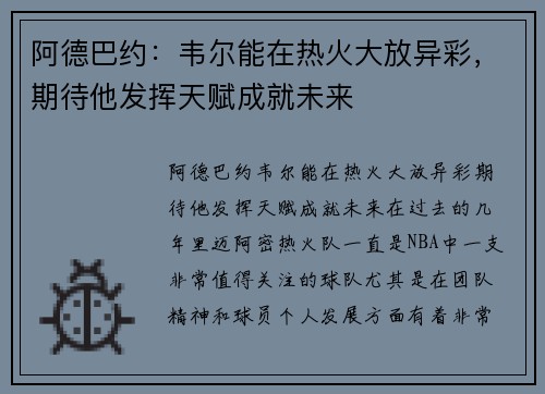 阿德巴约：韦尔能在热火大放异彩，期待他发挥天赋成就未来